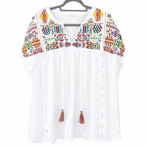 Womens 1X Blouse White Embroidered Boho Tassel V-Neck Colorful Festival  Relaxed